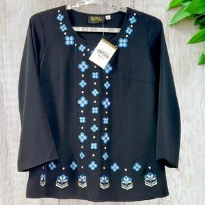 Bob Mackie Wearable Art Black Embroidered Top Sz S Blue Floral 3/4 Sleeve